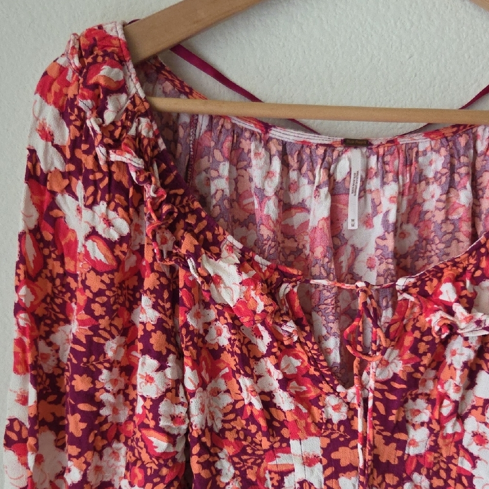 FREE PEOPLE Sweet Memories Pink Multi Floral Print Ruffled Blouse Sz M Boho - Picture 7 of 16